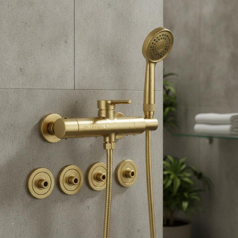 Ręczny prysznic Wynajdy zawierające design Brass i technologię SPA Waist Jet dla lepszego doświadczenia w łazience