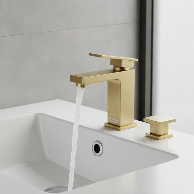 Nowoczesna kwadratowa bateria umywalkowa z mosiądzu, szczotkowane wykończenie mosiężne, geometryczny design z korkiem typu 